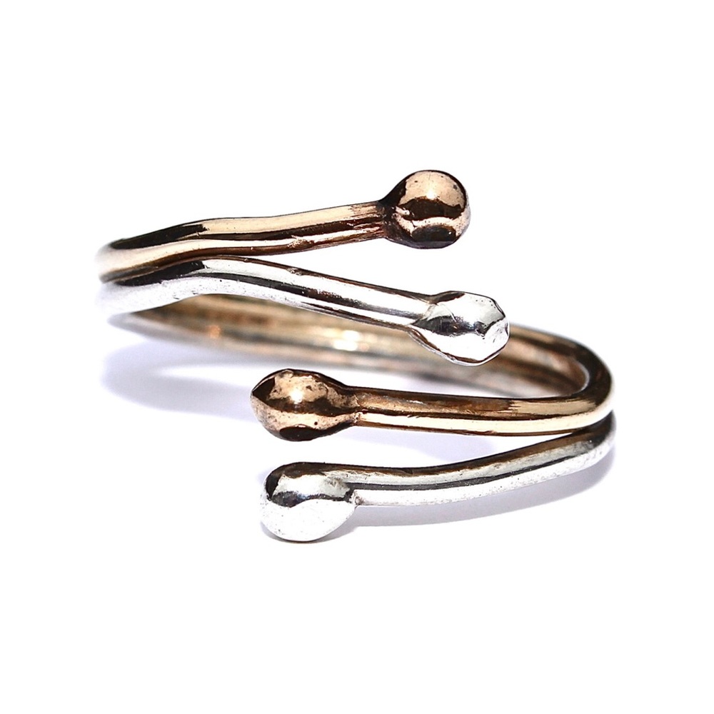 Vintage Sterling Silver & Brass Ball End Bypass Ring Size 8 Modernist Two Tone